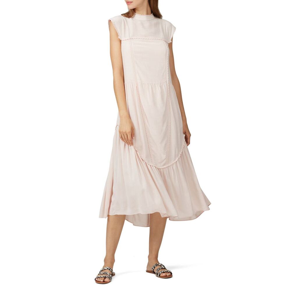 See by‎ Chloe Pink High Neck Cap Sleeve Tiered Shift Midi Dress Size 38
